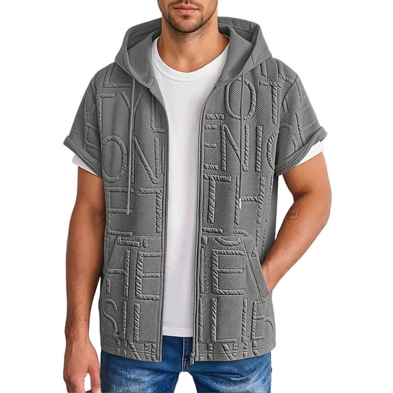 Guluxicc Men's Hoodie Shirts with Pockets Full Zip Drawstring Letter Print Short Sleeve Shirts for Everyday Wear Summer Casual Outfits