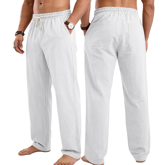 Guluxicc Men's Linen Pants with Multi Pocket Elastic Drawstring Long Straight Leg Beach Trousers for Summer Vacation Casual Outfits