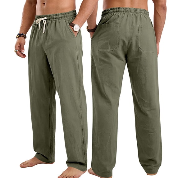 Guluxicc Men's Linen Pants with Multi Pocket Elastic Drawstring Long Straight Leg Beach Trousers for Summer Vacation Casual Outfits