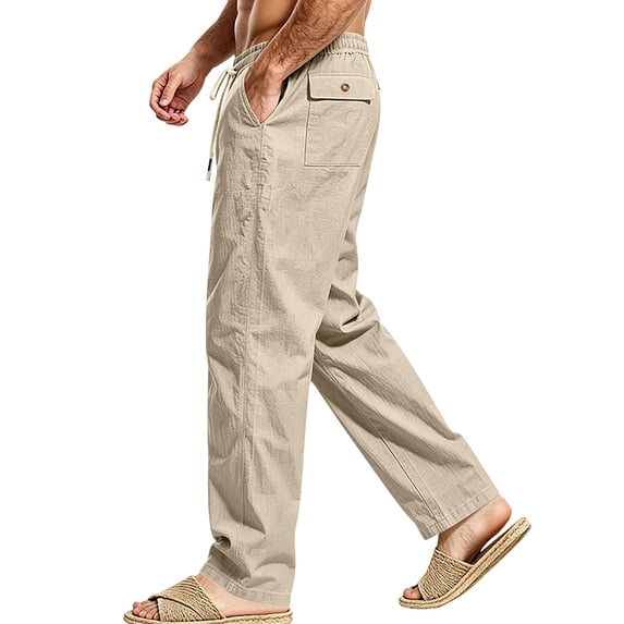 Guluxicc Men's Linen Pants with Multi Pocket Loose Drawstring Elastic Waist Full Straight Leg Trousers for Everyday Summer Fall