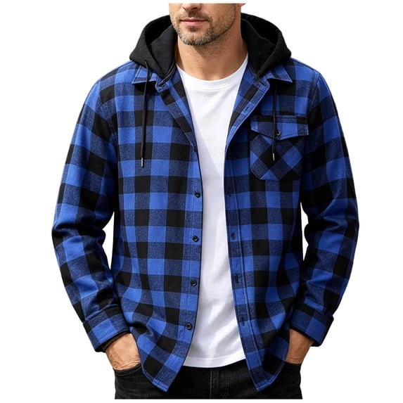 Guluxicc Men's Plaid Hoodies with Pocket Drawstring Button Down Regular Drop Shoulder Long Sleeve Hooded Shirts for Everyday Wear Summer Casual Outfits