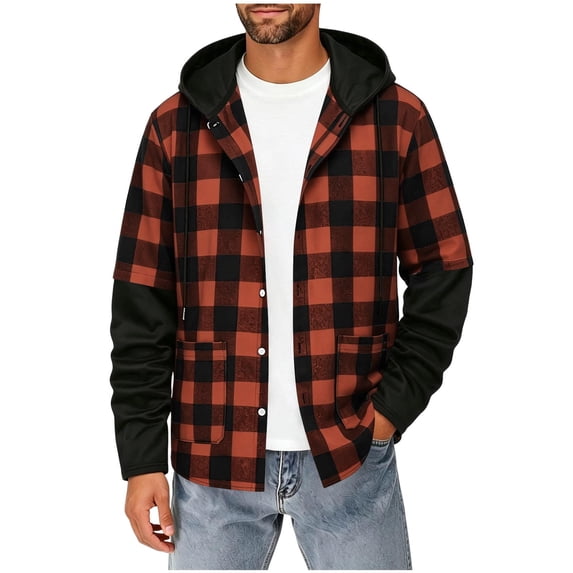 Guluxicc Men's Plaid Jackets with Pockets Drawstring Button Down Long Sleeve Hoodies for Everyday Wear Fall Fall Winter Casual Jackets