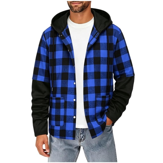 Guluxicc Men's Plaid Jackets with Pockets Drawstring Button Down Long Sleeve Hoodies for Everyday Wear Fall Fall Winter Casual Jackets