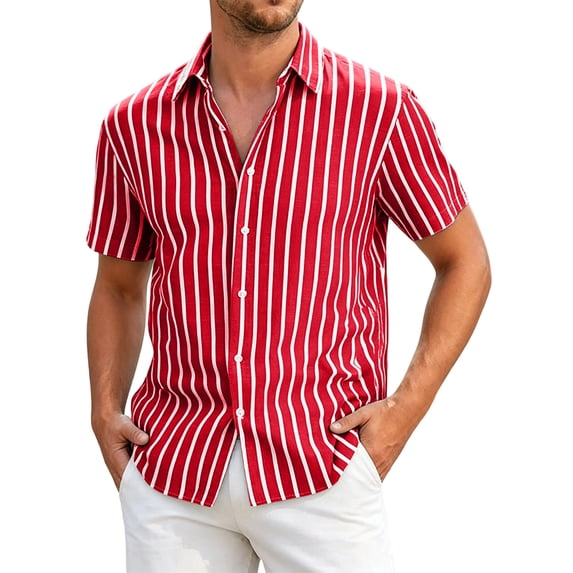 Guluxicc Men's Striped Beach Shirts Button Down Collared Short Sleeve Tops for Summer Vacation Casual Outfits