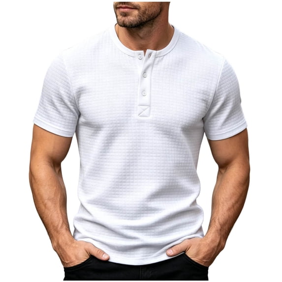 Guluxicc Men's Waffle Henley Shirts Crew Neck Button Closure Short Sleeve Tops for Everyday Wear Summer Casual Outfits