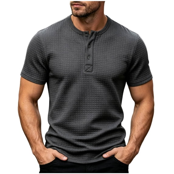 Guluxicc Men's Waffle Henley Shirts Crew Neck Button Closure Short Sleeve Tops for Everyday Wear Summer Casual Outfits