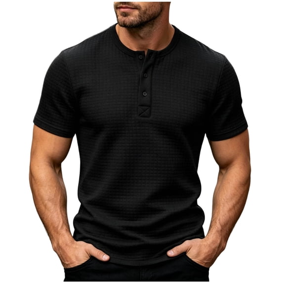 Guluxicc Men's Waffle Henley Shirts Crew Neck Button Closure Short Sleeve Tops for Everyday Wear Summer Casual Outfits