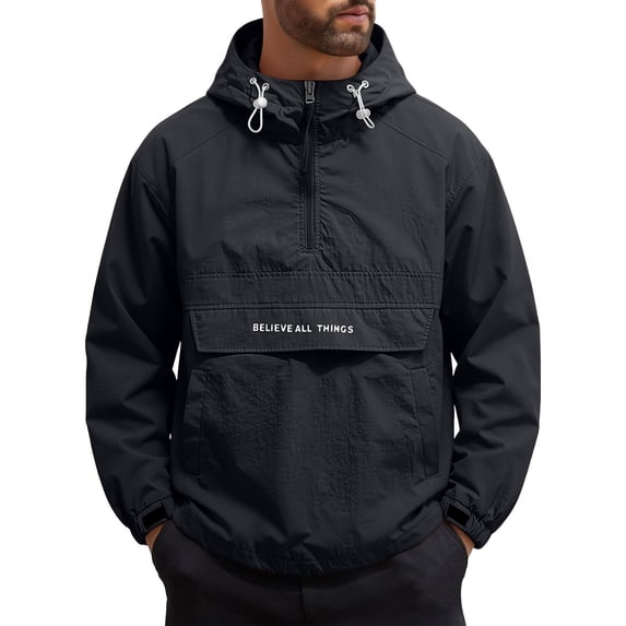 Guluxicc Men's Windbreaker Jackets with Multi Pocket Drawstring Quarter Zipper Loose Long Sleeve Hooded Jackets for Hiking Fishing Wear Fall Winter Casual Jackets