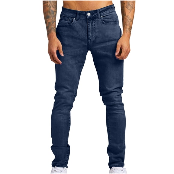 Guluxicc Mens Jeans Casual Straight Leg Denim Pants with Pockets Solid Color Outdoor Work Street Trousers, Blue