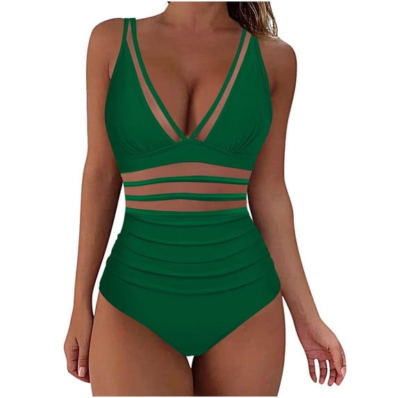 Guluxicc One Piece Swimsuit for Women Deep V Neck High Waisted Ruched Mesh Panel Push-Up Padded Bathing Suit for Summer Beach Swimwear Beachwear