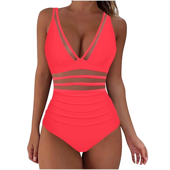 Guluxicc One Piece Swimsuit for Women Deep V Neck High Waisted Ruched Mesh Panel Push-Up Padded Bathing Suit for Summer Beach Swimwear Beachwear