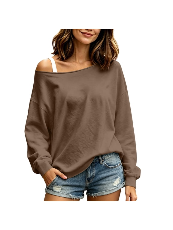 One Shoulder Shirts for Women Loose Boat Neck Trendy Style Long Ribbed Sleeve Tops for Everyday Wear Fall Winter Casual Shirts