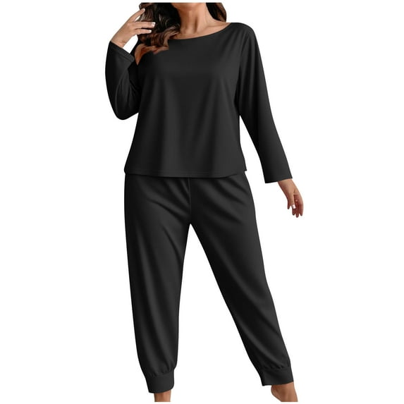 Guluxicc Pajama Sets for Women 2 Piece Solid Color Long Sleeve Tops and Pants Pullover Pajamas Sleepwwear Pjs Set Outfits, Black, 5XL