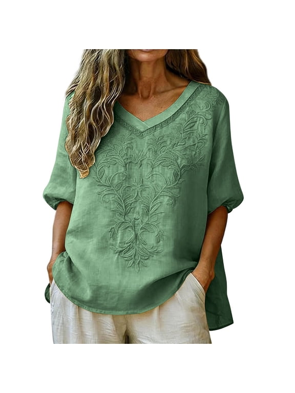 Plus Size Linen Tunic Tops Women Dressy Retro Embroidered Long Sleeve Boho Shirts Loose Fit V neck Casual Blouse