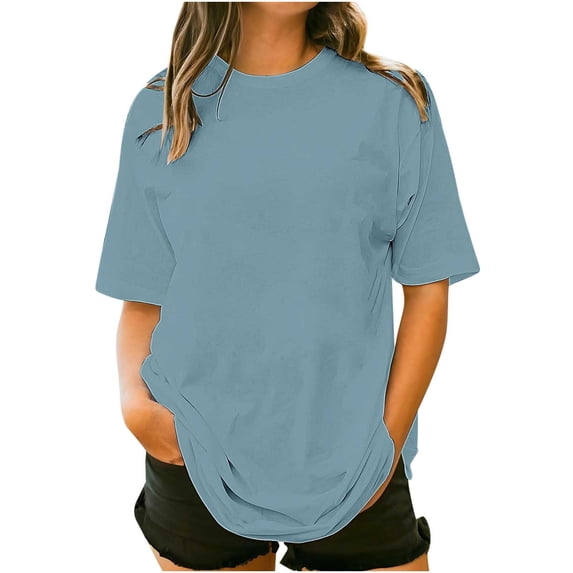 Guluxicc Plus Size Shirts for Women Casual Loose Fit Pullover Tops Solid Color Tees, Blue, XL
