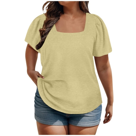 Guluxicc Plus Size Shirts for Women Casual Square Neck Short Sleeve Pullover Tops, Yellow, 5XL