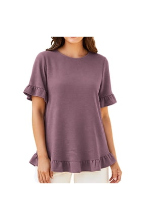 Plus Size Tunic Top for Women Ruffle Hem Cozy Shirt Loose Fit Short Sleeve Blouse Soft Textured Fabric Summer Fall Shirts