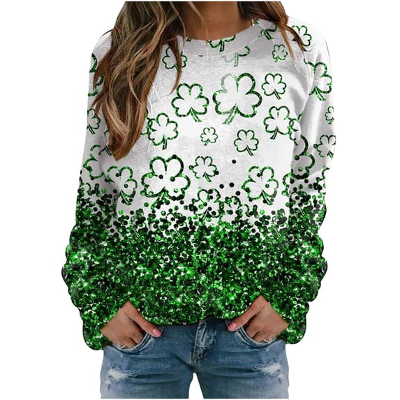 Guluxicc Plus Size Womens St Patricks Day Tunic Tops Casual Crewneck Long Sleeve Shirts Cute Shamrock Graphic Pullover Sweatshirts, L