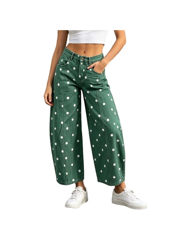 Polka Dot Denim Pants for Women Button Front Pull On Trendy Style Wide Leg Trousers for Everyday Fall Winter