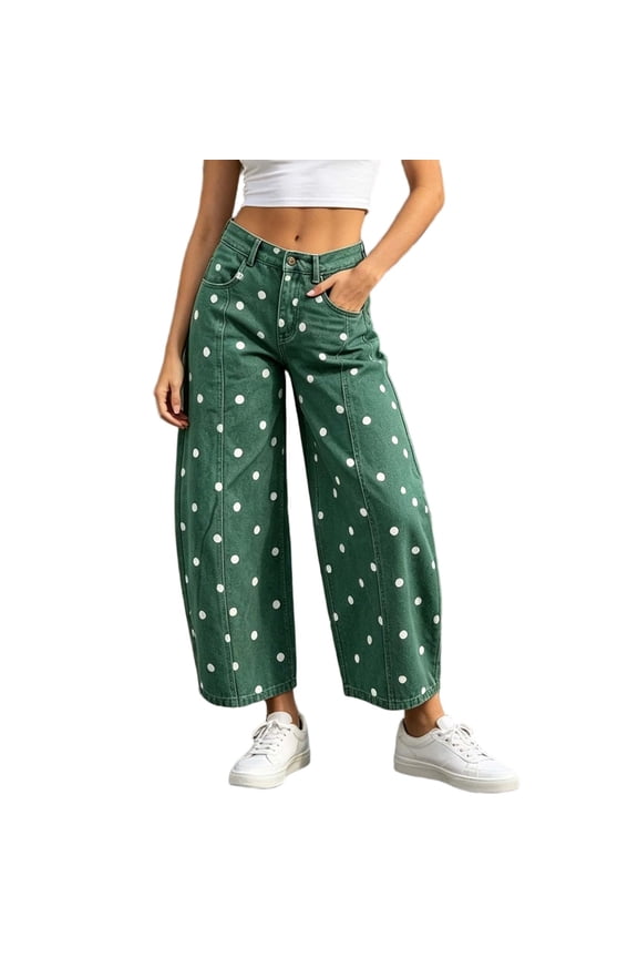 Polka Dot Denim Pants for Women Button Front Pull On Trendy Style Wide Leg Trousers for Everyday Fall Winter