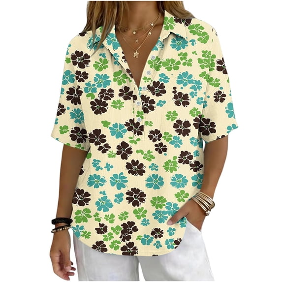 Guluxicc Polo Shirts for Women 3/4 Sleeve Floral Trendy Tops Summer V Neck T Shirts Fashion Clothing