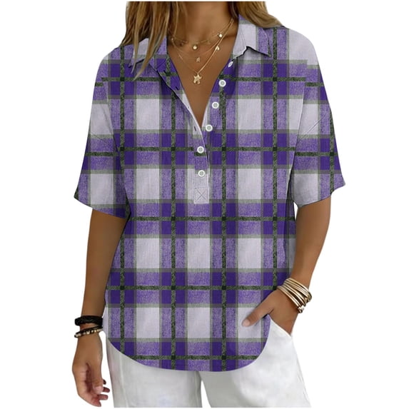 Guluxicc Polo Shirts for Women 3/4 Sleeve Plaid Trendy Tops Summer V Neck T Shirts Fashion Clothing