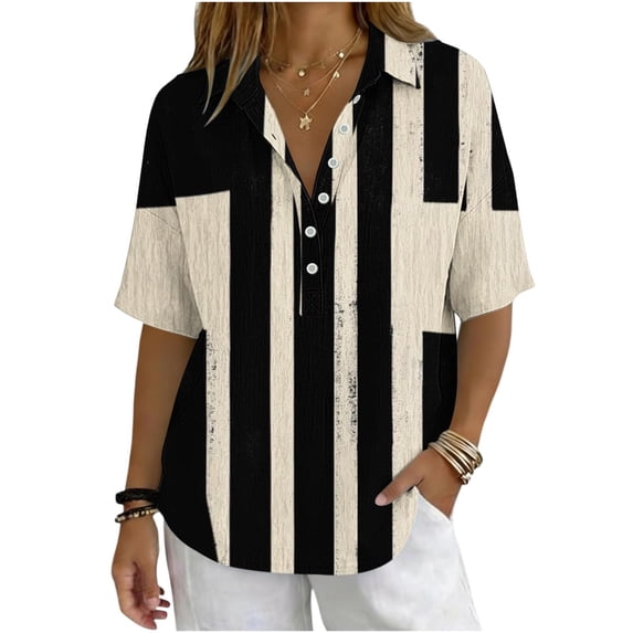 Guluxicc Polo Shirts for Women 3/4 Sleeve Stripe Trendy Tops Summer V Neck T Shirts Fashion Clothing