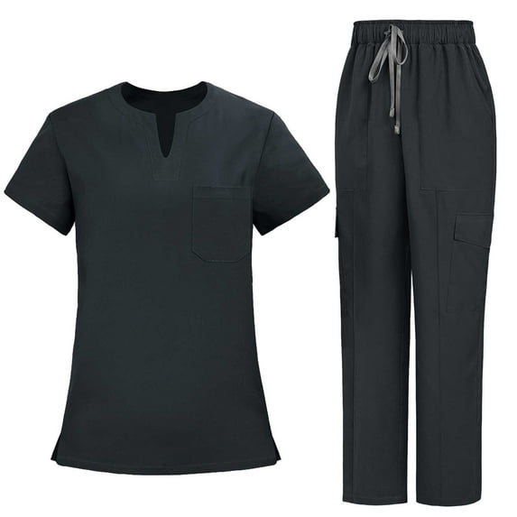 Guluxicc Scrub Sets for Woman Solid Color V-Neck Short Sleeve Tops and Long Pants Nurse Uniform Set with Pockets, Gray
