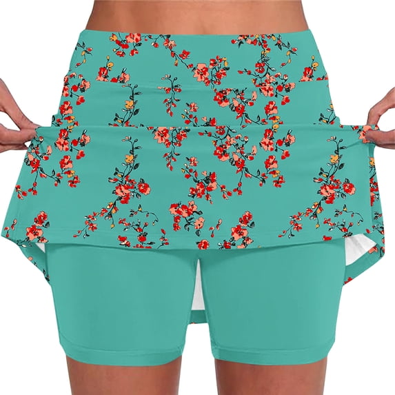 Guluxicc Skort for Women Elastic High Waisted Athletic Tennis Skirts and Trendy Printed Tummy Control Slim Yoga Jogging Shorts Leggings with Pockets