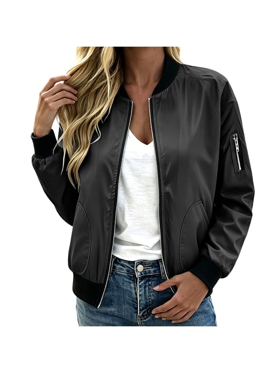 Solid Bomber Jackets for Women Full Zipper Ribbed Cuffs Long Sleeve Jackets with Pockets for Everyday Fall Winter