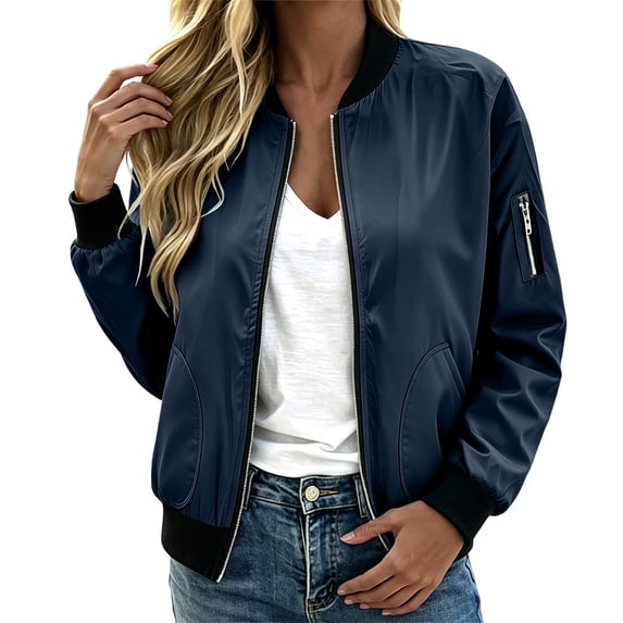 Guluxicc Solid Bomber Jackets for Women Full Zipper Ribbed Cuffs Long Sleeve Jackets with Pockets for Everyday Fall Winter