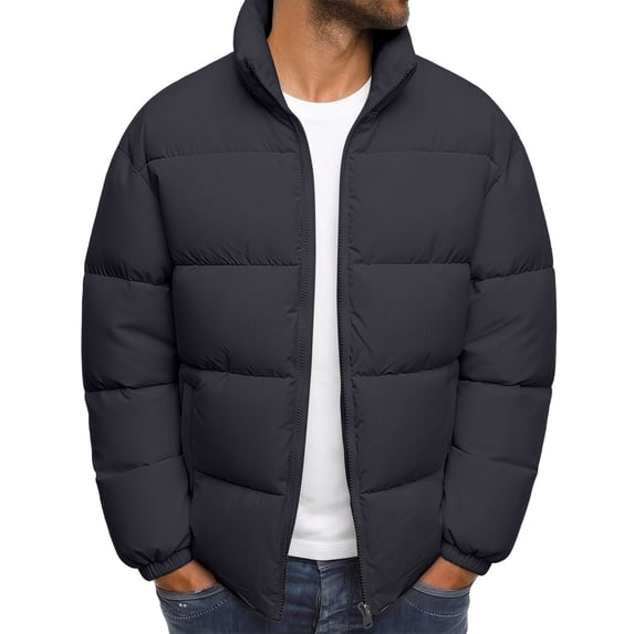 Guluxicc Solid Puffer Jackets for Men Warm Loose Full Zipper Stand Collar Long Sleeve Quilted Jackets with Pockets Fall Winter Outerwear