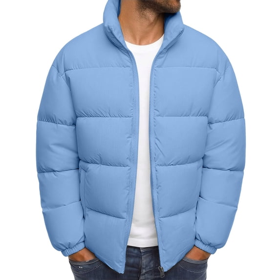 Guluxicc Solid Puffer Jackets for Men Warm Loose Full Zipper Stand Collar Long Sleeve Quilted Jackets with Pockets Fall Winter Outerwear