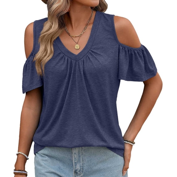 Guluxicc Summer Cold Shoulder Tops for Women V Neck Short Sleeve Shirts Ladies Cute Casual Blouse Going Out Outfits
