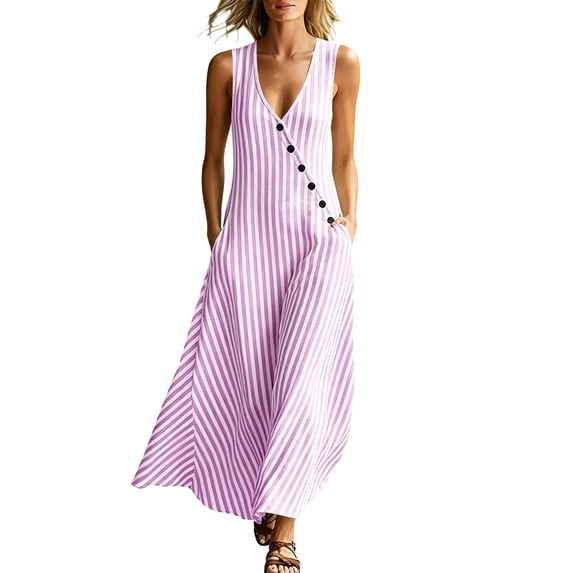 Guluxicc Summer Maxi Dresses for Women Linen V Neck Sleeveless Beach Sundress Button Casual Loose Tank Dress with Pockets