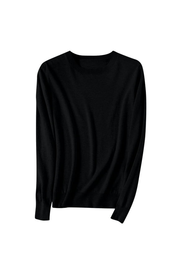 Sweaters for Women Casual Crewneck Long Sleeve Knit Pullover Sweaters Solid Color Fall Winter Tops Lightweight Outfits, Black, XS