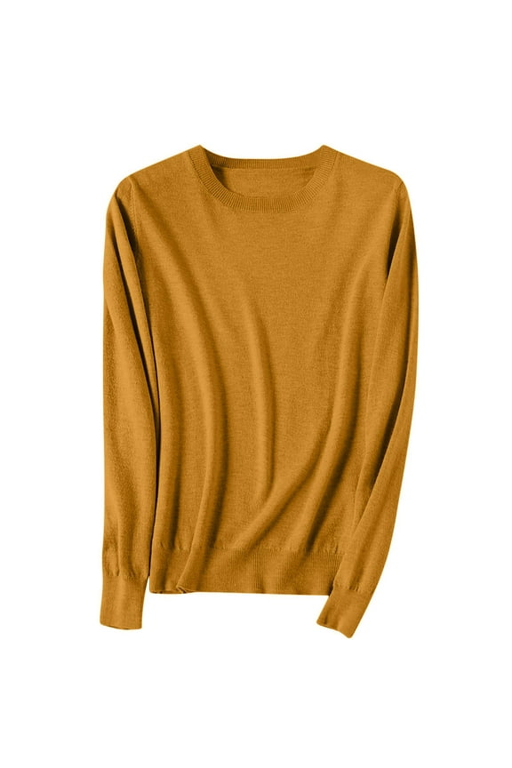 Sweaters for Women Casual Crewneck Long Sleeve Knit Pullover Sweaters Solid Color Fall Winter Tops Lightweight Outfits, Gold, XS