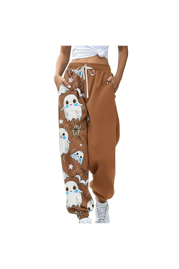 Sweatpants for Women Casual Drawstring Elastic Waist Halloween Graphic Print Pants Athletic Jogger Pants, Brown, 2XL