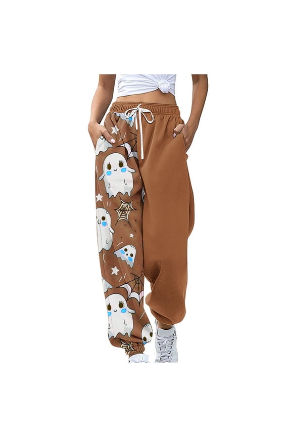 Sweatpants for Women Casual Drawstring Elastic Waist Halloween Graphic Print Pants Athletic Jogger Pants, Brown, L