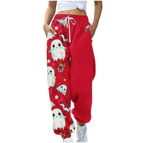 Guluxicc Sweatpants for Women Casual Drawstring Elastic Waist Halloween Graphic Print Pants Athletic Jogger Pants, Red, 2XL