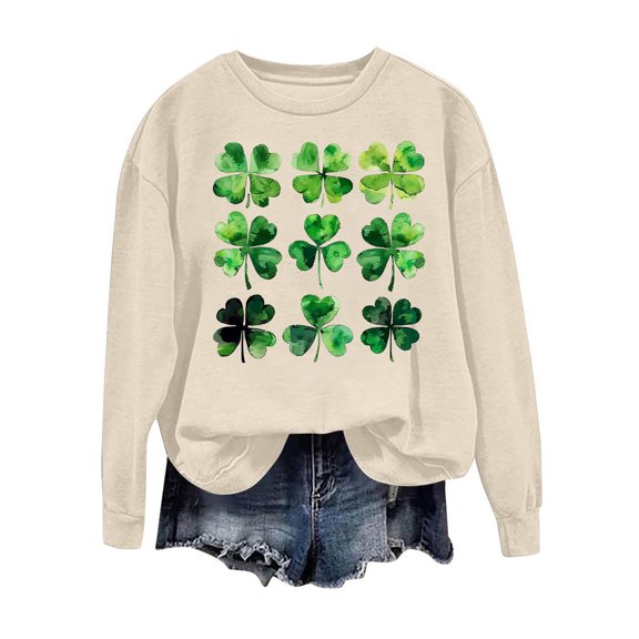 Guluxicc Sweatshirt for Women Casual Crewneck Long Sleeve Pullover Tops Shamrock Clover Graphic Shirts, L