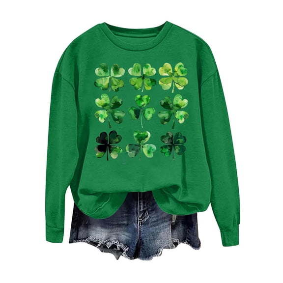 Guluxicc Sweatshirt for Women Casual Crewneck Long Sleeve Pullover Tops Shamrock Clover Graphic Shirts, M