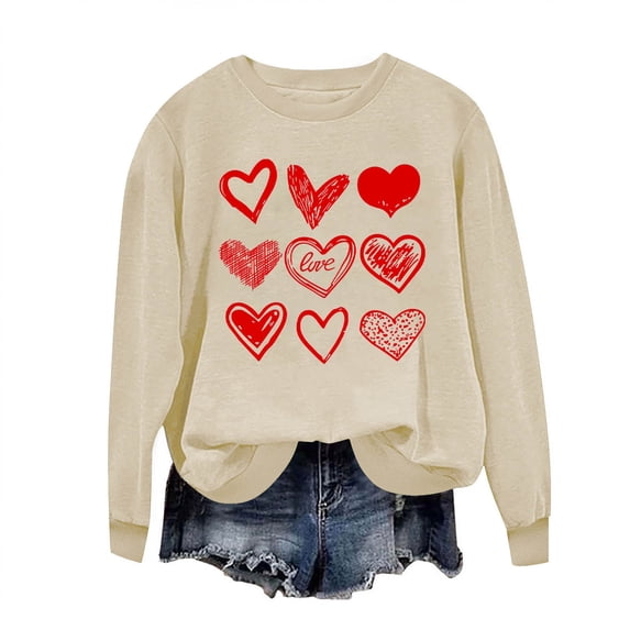 Guluxicc Sweatshirts for Women Casual Crewneck Long Sleeve Tops Valentine's Day Graphic Print Shirts, Beige, S