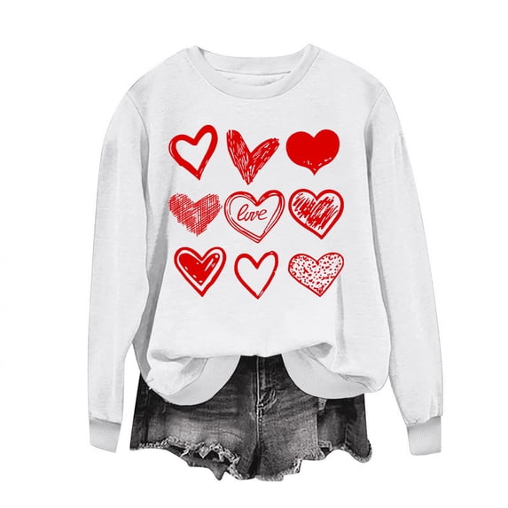 Guluxicc Sweatshirts for Women Casual Crewneck Long Sleeve Tops Valentine's Day Graphic Print Shirts, White, L