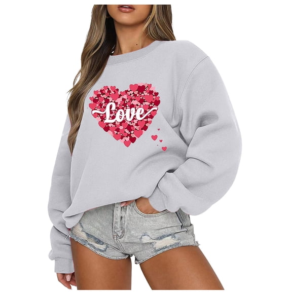 Guluxicc Sweatshirts for Women Valentine's Day Letter Graphic Print Pullover Tops Casual Crewneck Long Sleeve Shirts, Gray, S