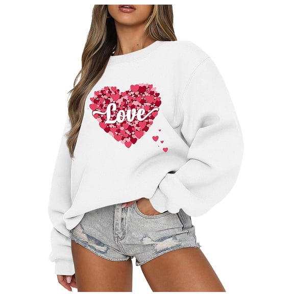 Guluxicc Sweatshirts for Women Valentine's Day Letter Graphic Print Pullover Tops Casual Crewneck Long Sleeve Shirts, White, M