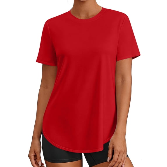 Guluxicc T Shirts for Women Athletic Crew Neck Solid Color Curved Hem Workout Tee Basic Womens T-Shirts for Running and Gym