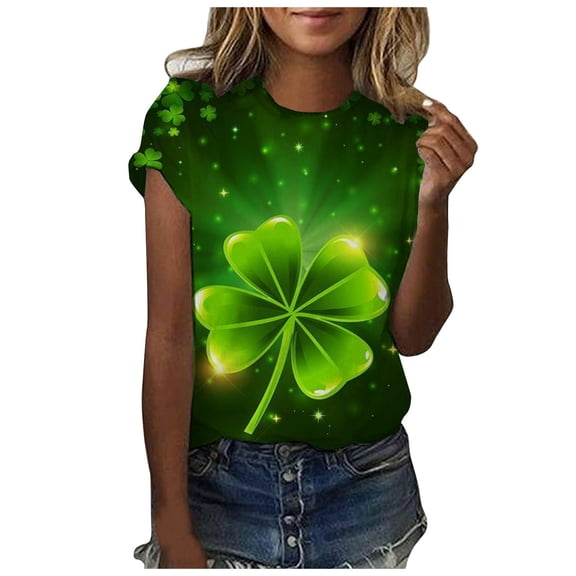 Guluxicc T-Shirts for Women Casual Crewneck Short Sleeve Tees St Patrick Day Shamrock Graphic Printed Pullover Tops, L