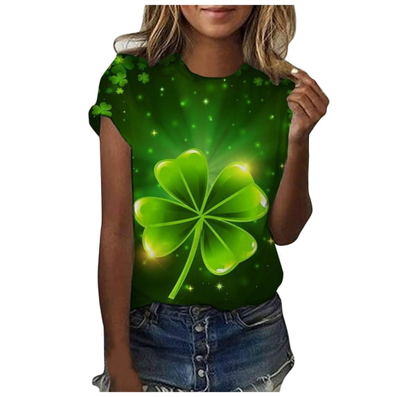 Guluxicc T-Shirts for Women Casual Crewneck Short Sleeve Tees St Patrick Day Shamrock Graphic Printed Pullover Tops, M