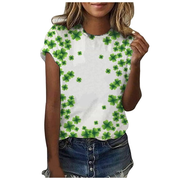 Guluxicc T-Shirts for Women Casual Crewneck Short Sleeve Tees St Patrick Day Shamrock Graphic Printed Pullover Tops, S
